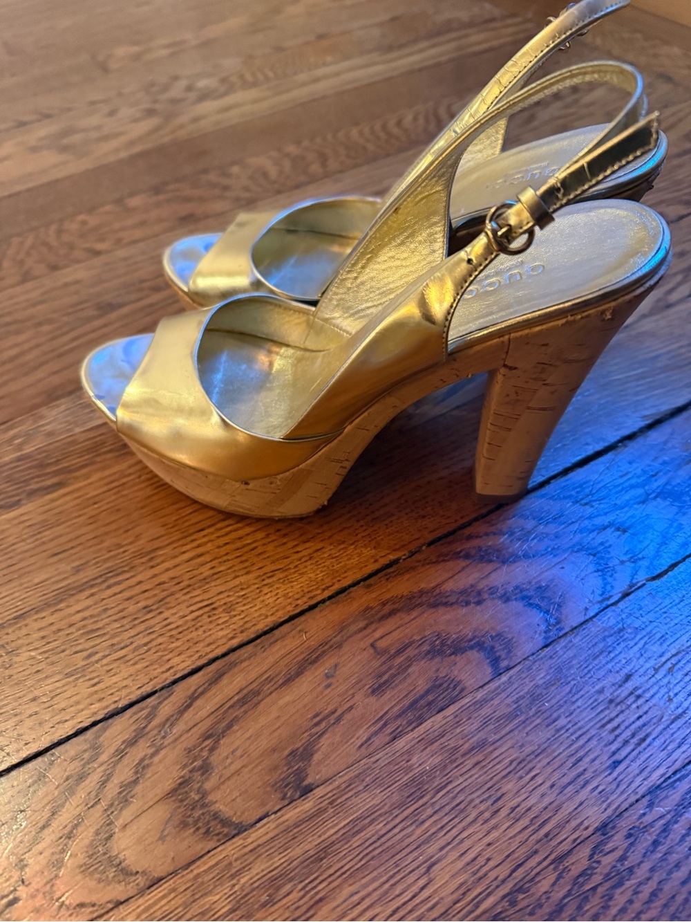 Gucci Gold Metallic Platform Slingback Heels